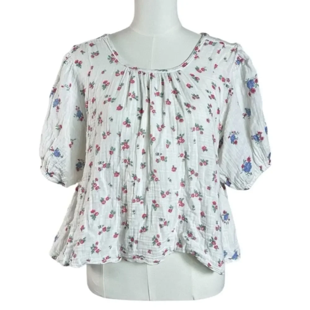 Free People Dainty Chloe Printed Top Floral XL Cottage Bow Gauze Shabby Chic